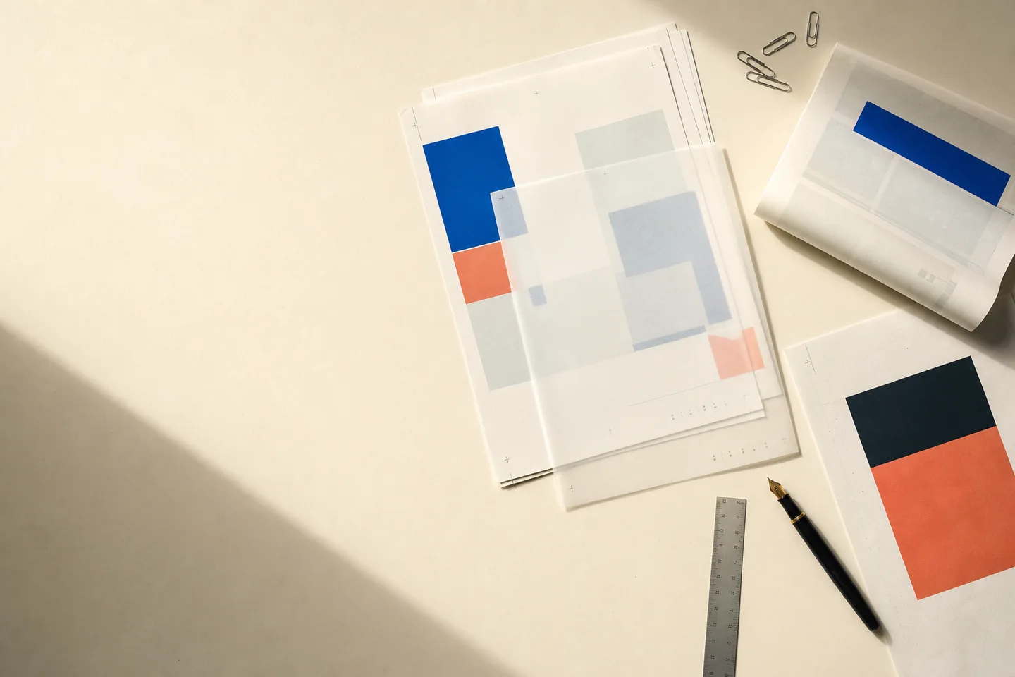 Editorial papers arranged on a warm desk with cobalt, navy and vermilion blocks