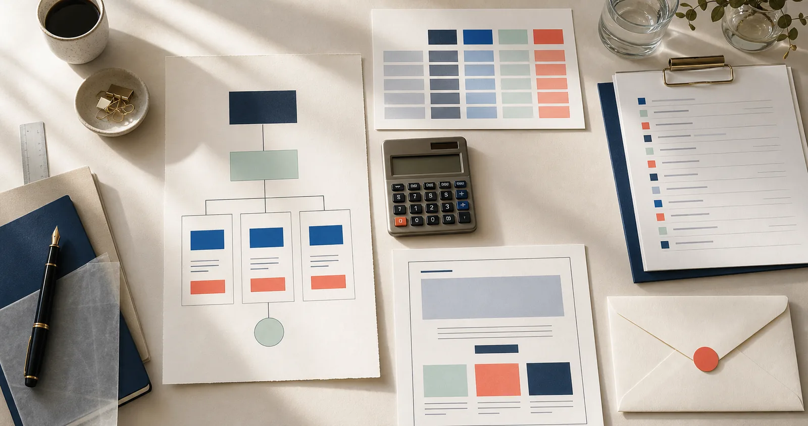 Premium planning desk with an abstract welcome flow, sponsorship grid, landing-page wireframe and audience review sheet